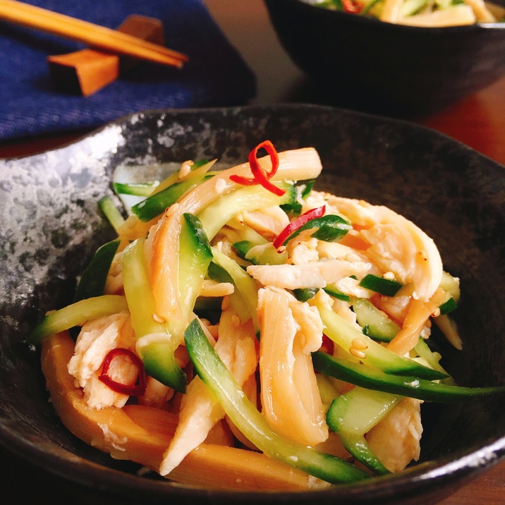 蒸し鶏とメンマの簡単ピリ辛ポン酢和え